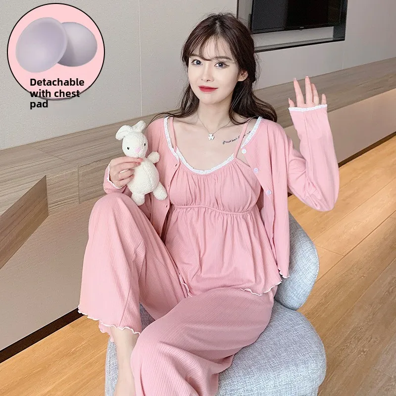 

Комплект из трех предметов: пижама с подкладкой на груди, однотонная, модная, сексуальная, на бретельках, для студентов, домашняя одежда на все сезоны, ночная одежда, домашний костюм