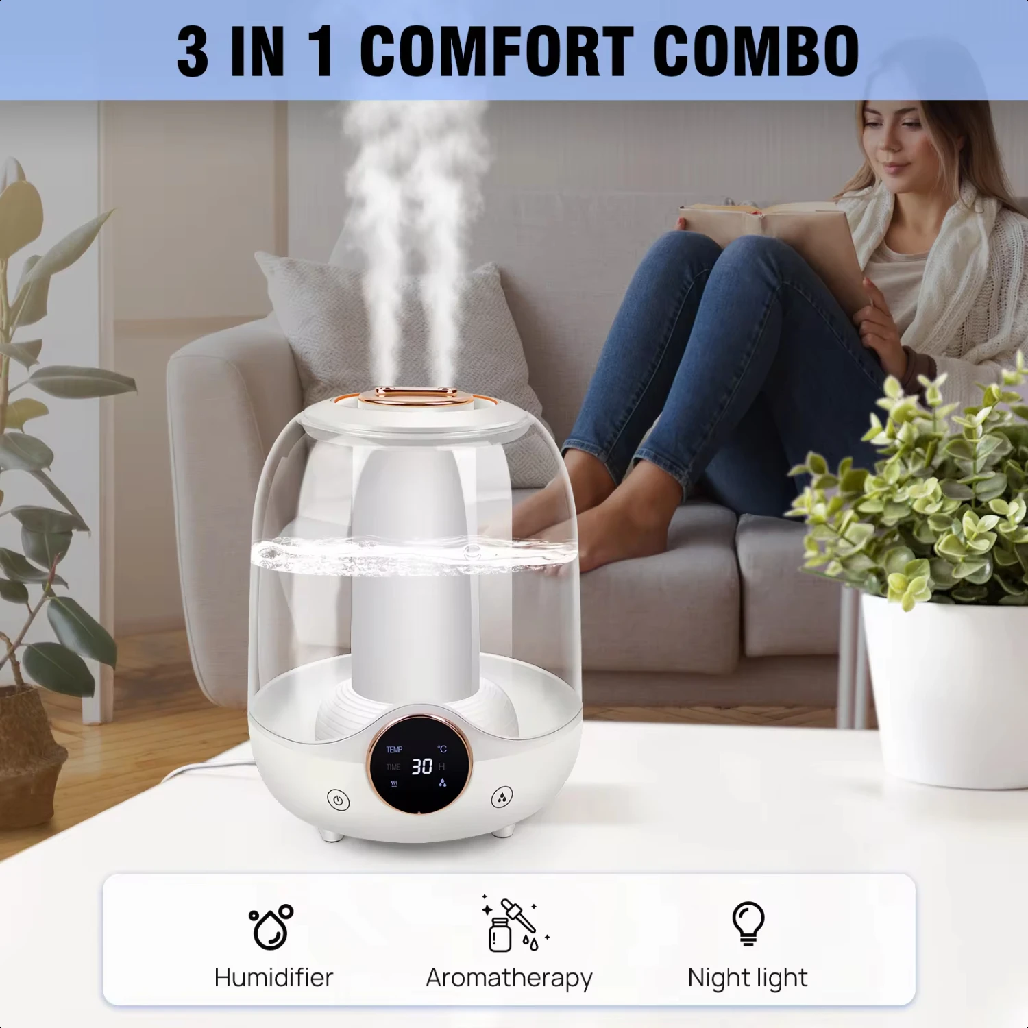 Humidificateurs à brume fraîche 3 en 1 pour chambre à coucher, humidificateur d'air à brume fraîche de 3L et bureau intérieur silencieux pour plantes