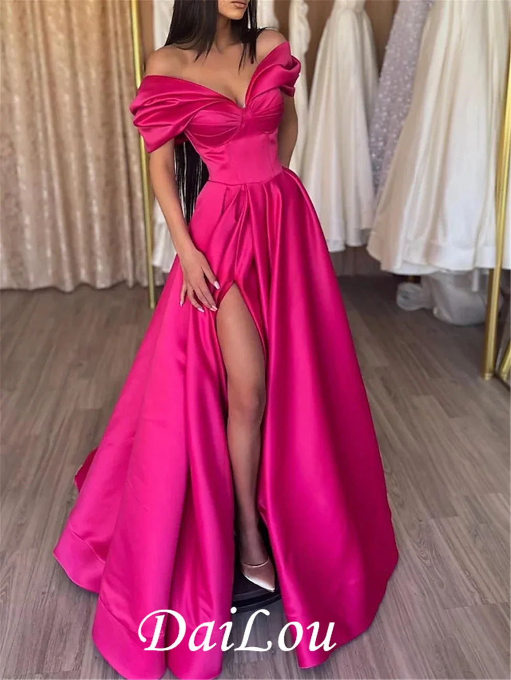 Vestidos de Noche acampanados, vestido Sexy con abertura alta para graduación, cumpleaños, longitud hasta el suelo, hombros descubiertos, manga corta, satén con abertura, Color puro