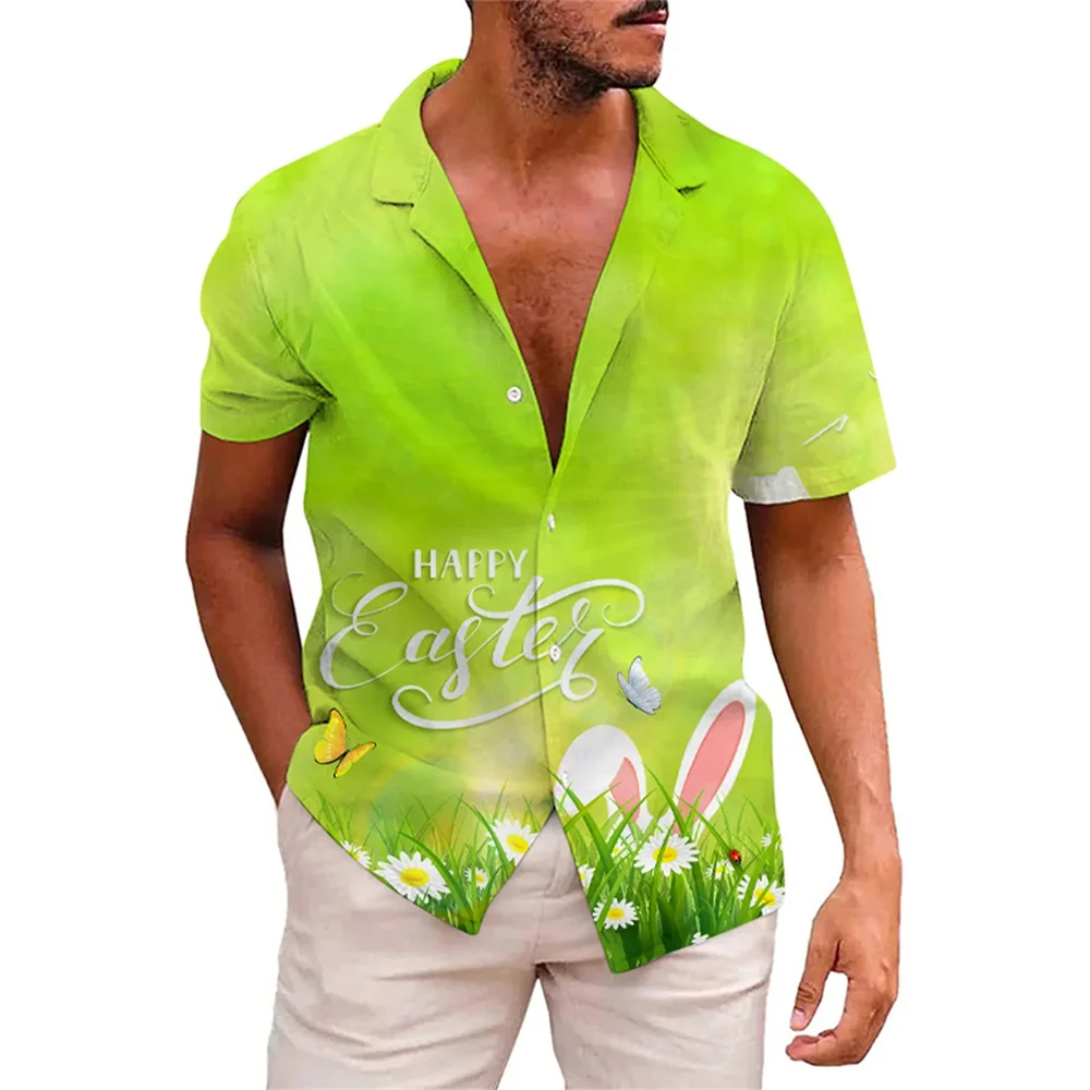 Desenhos animados em 3D para homens e mulheres estampados camisa havaiana de praia do coelho, roupas do dia da Páscoa, blusas infantis, tops de botão, ovos, novo verão