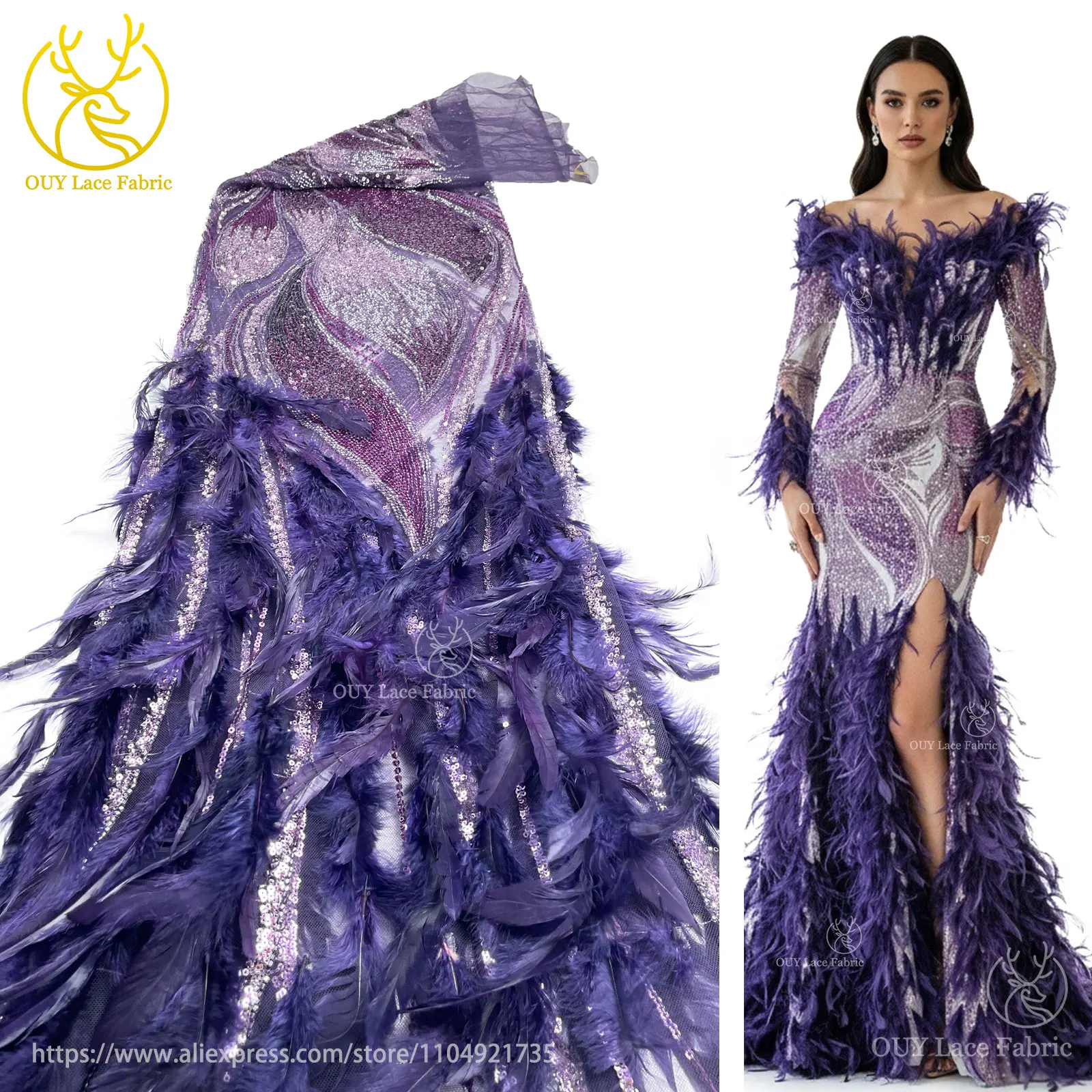 

Luxury African 3D Feather Lace Fabric 2025 High Quality French Beaded Sequin Lace Fabric for Wedding Dresses Sewing Nigeria