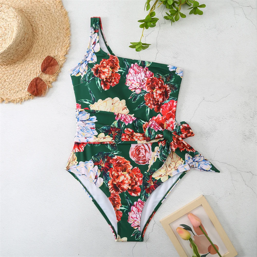 Bikini de flores Vintage para mujer, traje de baño Sexy con Push-Up, trajes de baño de cintura alta para vacaciones Y2K, conjunto de trajes de baño de playa con un solo hombro