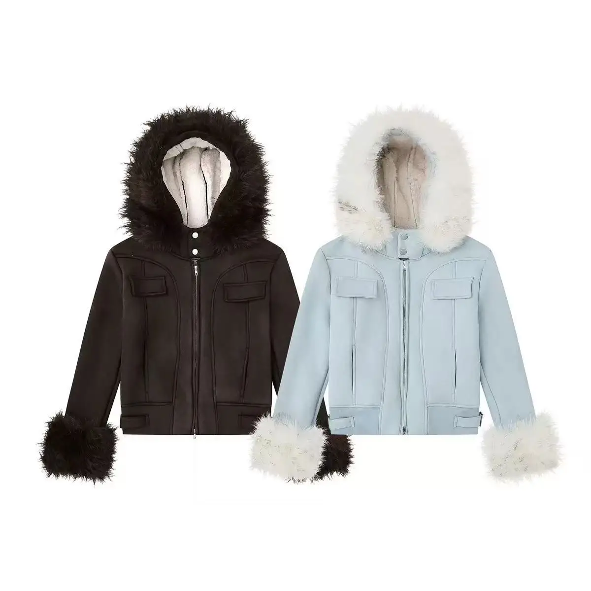 Women's Winter Faux Fur Hooded Jacket Lamb Fleece Lined Thermal Zip Jacket Hat and Cuffs Y2K Street Style Jacket with Plush Trim