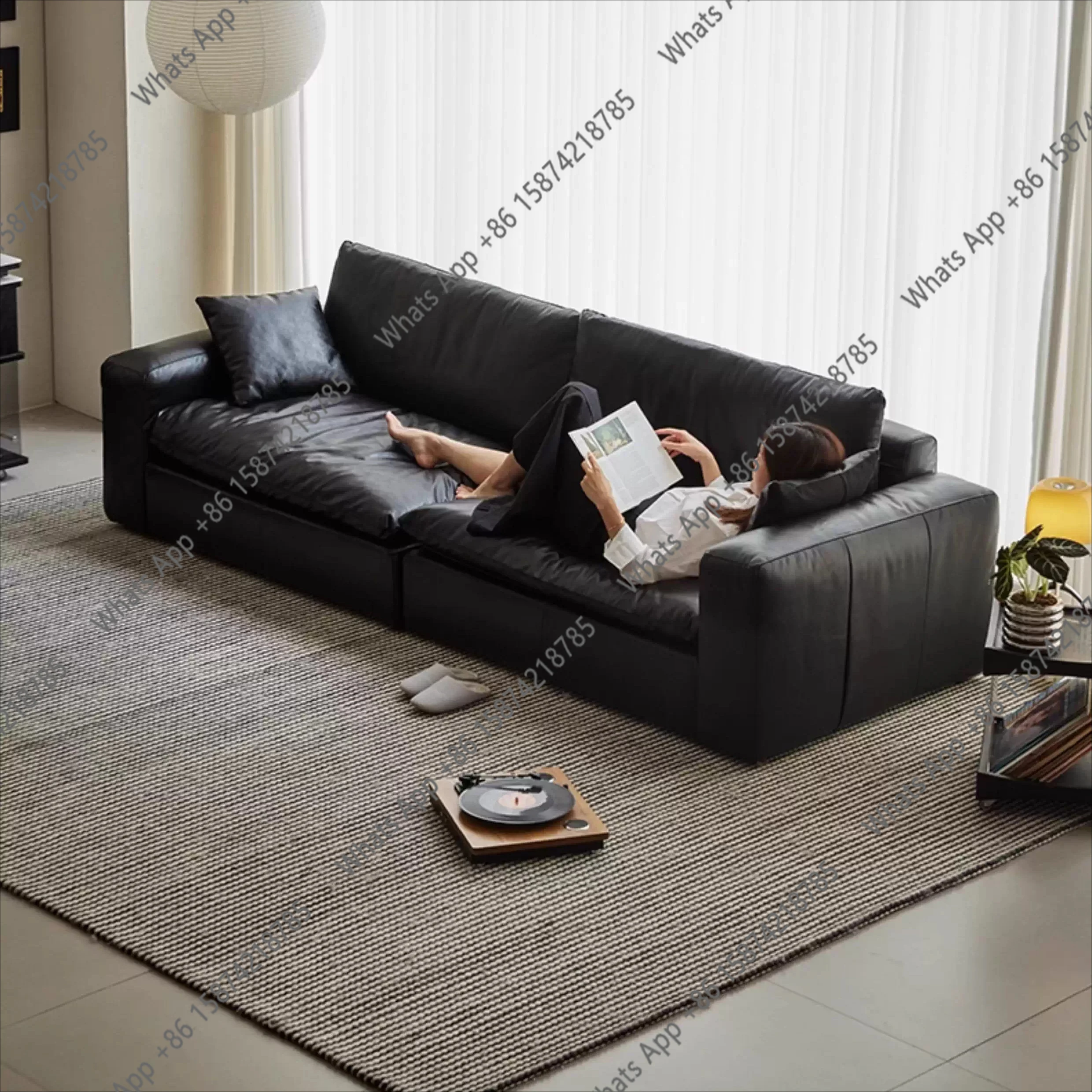 Italian minimalist tofu block leather sofa living room small apartment black light luxury three-person combination sofa floor