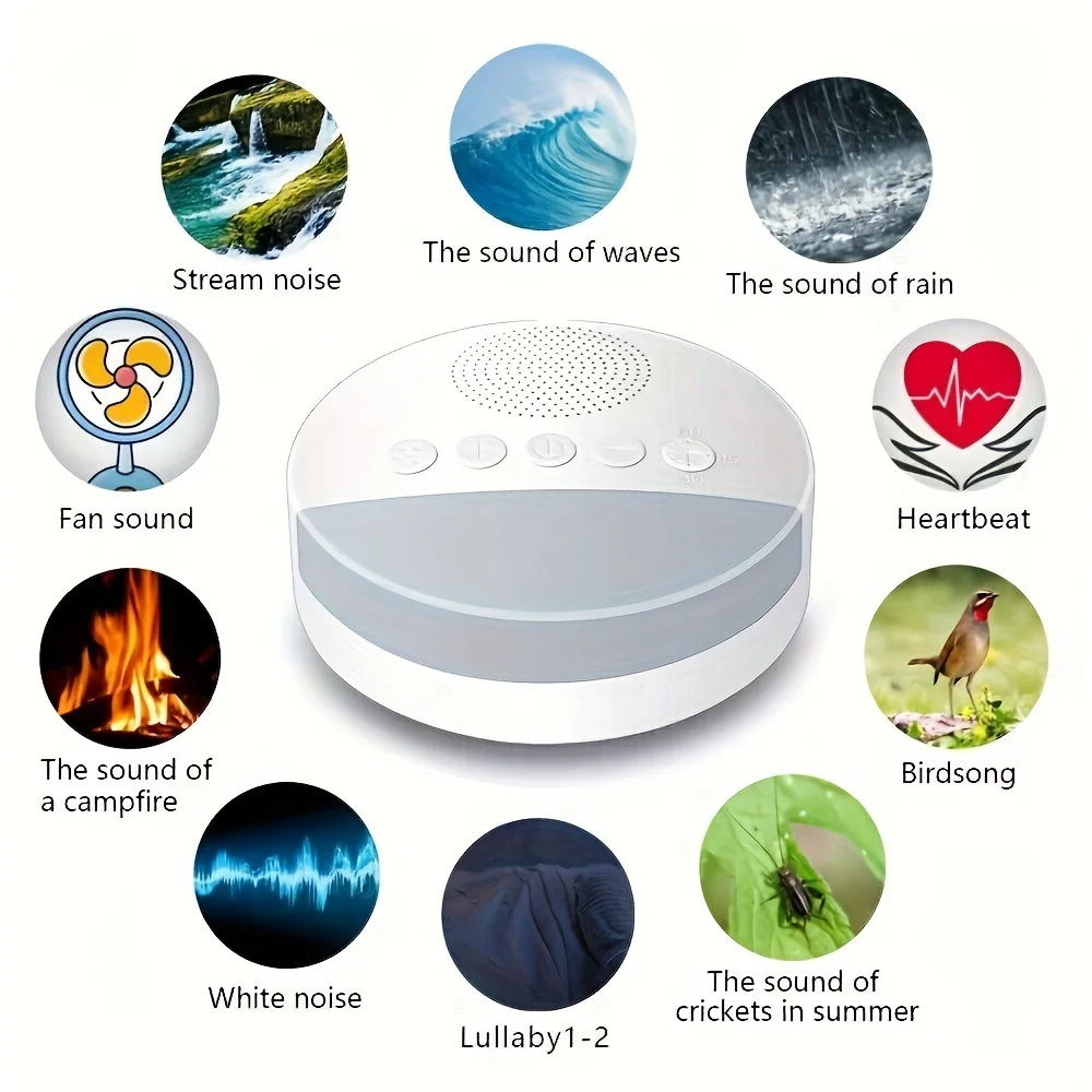 

1200mAh Portable Type-c Rechargeable White Noise Machine with Night Light, 9 Soothing Sounds, Timer Shutdown for Home/Office Use