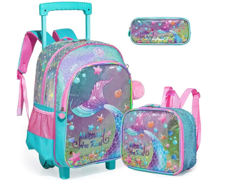 Kids School Roller 16 Inch School Sequin Rolling Backpack for Girls Travel Luggage Handbag Rolling Luggage Suitcase For Girls