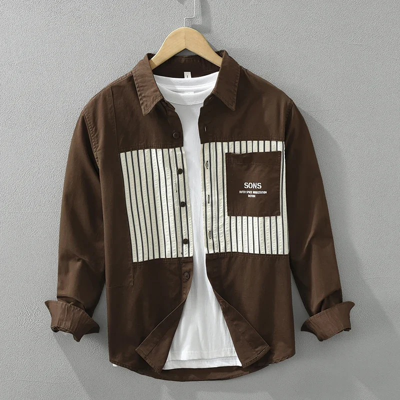 

2024 New Casual Striped Patchwork Shirts for Men Cotton Turn-down Collar Vintage Long Sleeve Shirt Men's Clothing