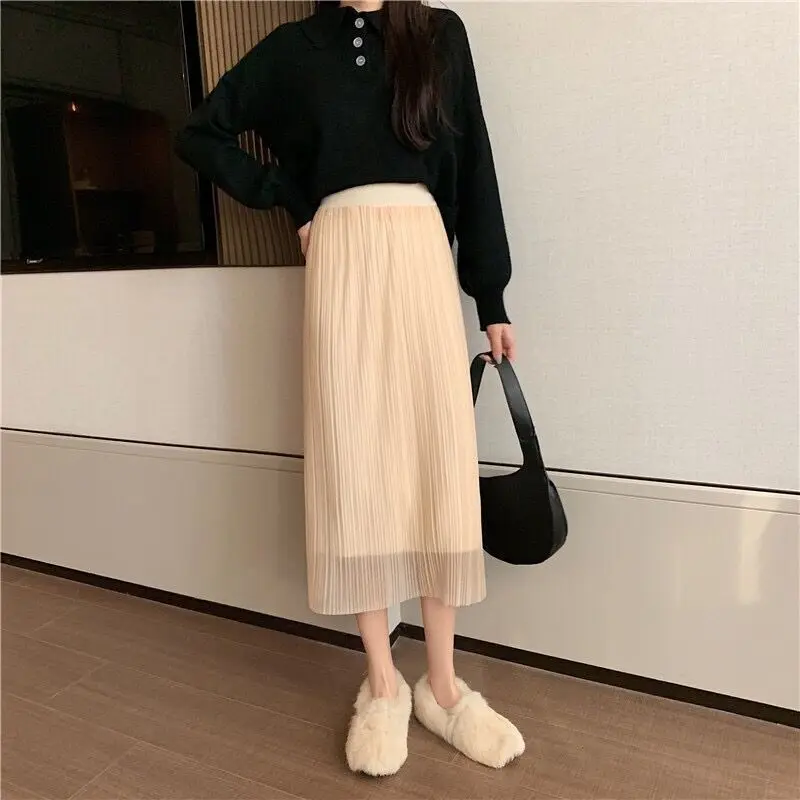 Autumn Winter New Solid Color Elastic Waist Knitting A-line Skirt Women High Street Screw Thread Lace Patchwork Hip Wrap Skirt