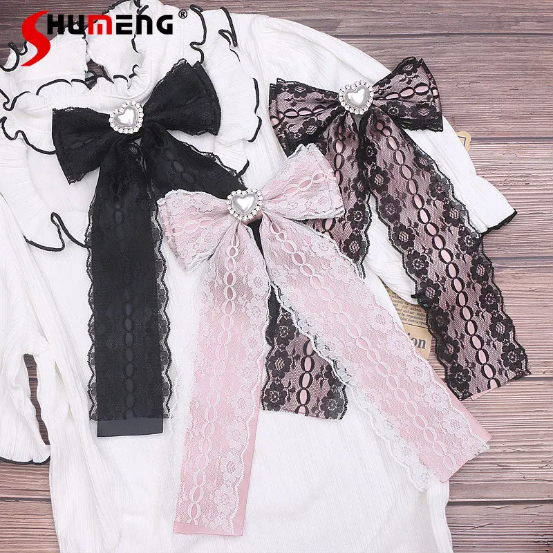 Handmade Accessories Japanese Style Lolita Sweet Neck Tie Women Cute Ladies Lace Big Bow Love Pearl Bow Tie for Collared Shirt