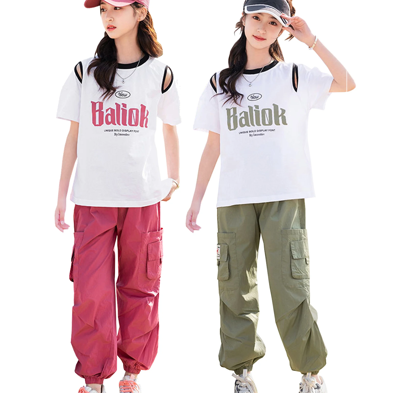 

Girls Suits Short Sleeve T-Shirt + Cargo Pants Casual Letters Tops Pockets Bottoms Set Summer Children's Sportwear Tracksuits