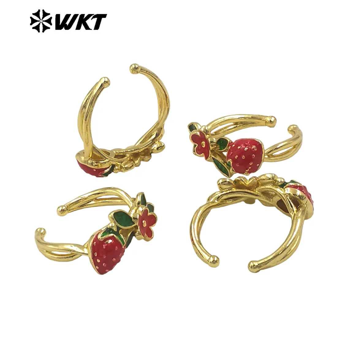 WT-RF011 Strawberry Flower Shape Ring US7 Can Be Adjustable With Yellow Brass Drop Oil For Women Daily Jewelry Decoration