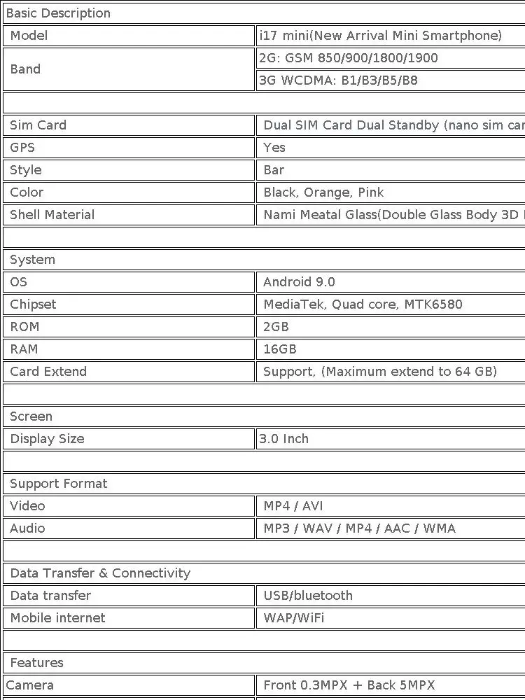 SOYES I17 Mini Smartphone 3.0' Screen 2GB RAM 16GB ROM Dual SIM Standby Dual Camera Android 9.0 Small Mobile Phone