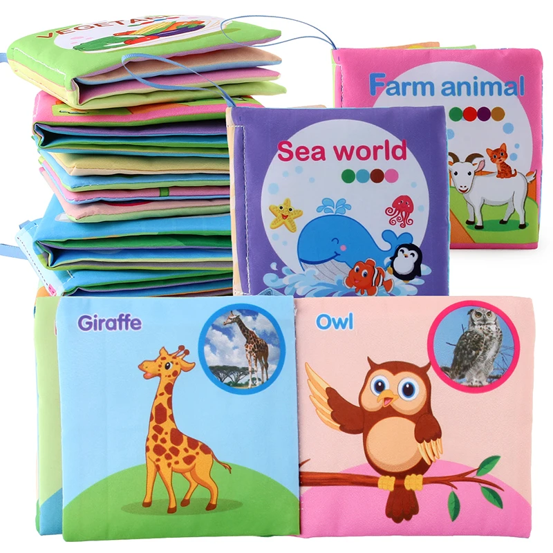 8 stks/pak Kleurrijke babydoekboek leert en voorwerpen Zachte stof Vroeg leren speelgoed