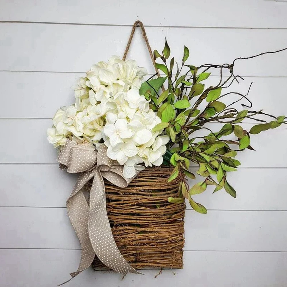 Spring Summer Hydrangea Hanging Basket Artificial Flower Wreath For Front Door Home Wedding Decor Farmhouse Cottage Garlands