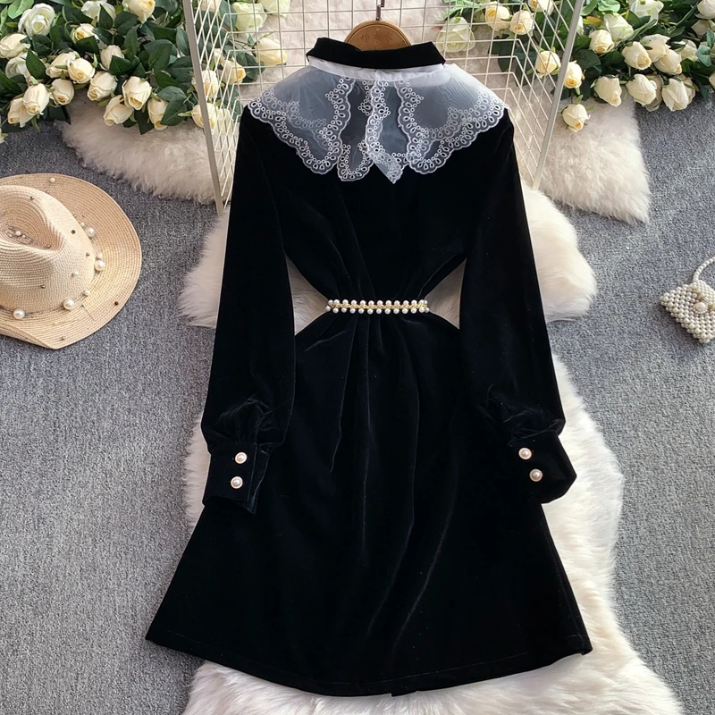 Picture 3: European and American Court Style Lace Shawl Lapel Dress Women's Lace up Waist Cinching Slim Velvet Long Dress