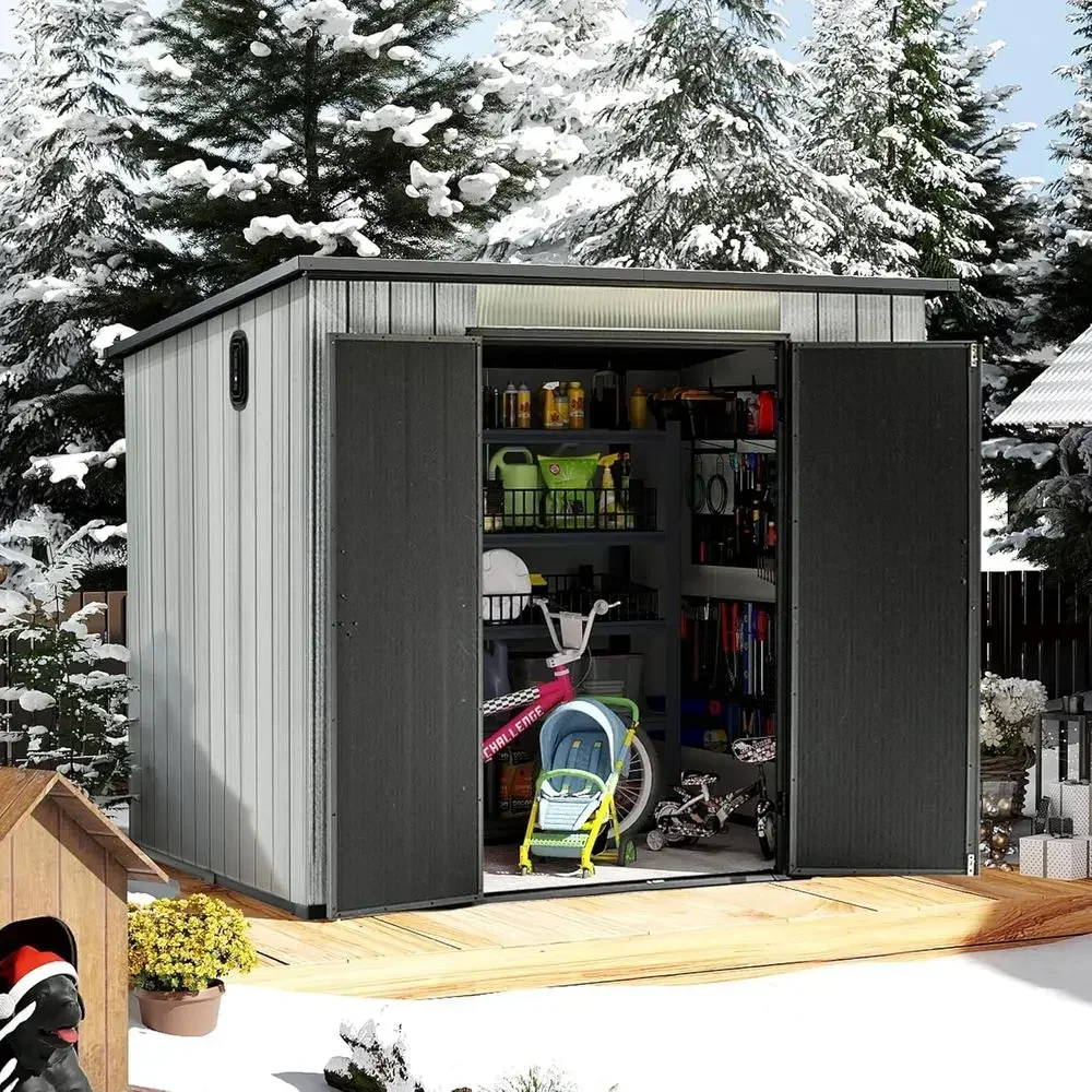 6x8 All-Weather Double-Wall Outdoor Storage Shed with Sloping Roof, Ideal for Garden, Lawn, Bike & Pool Equipment