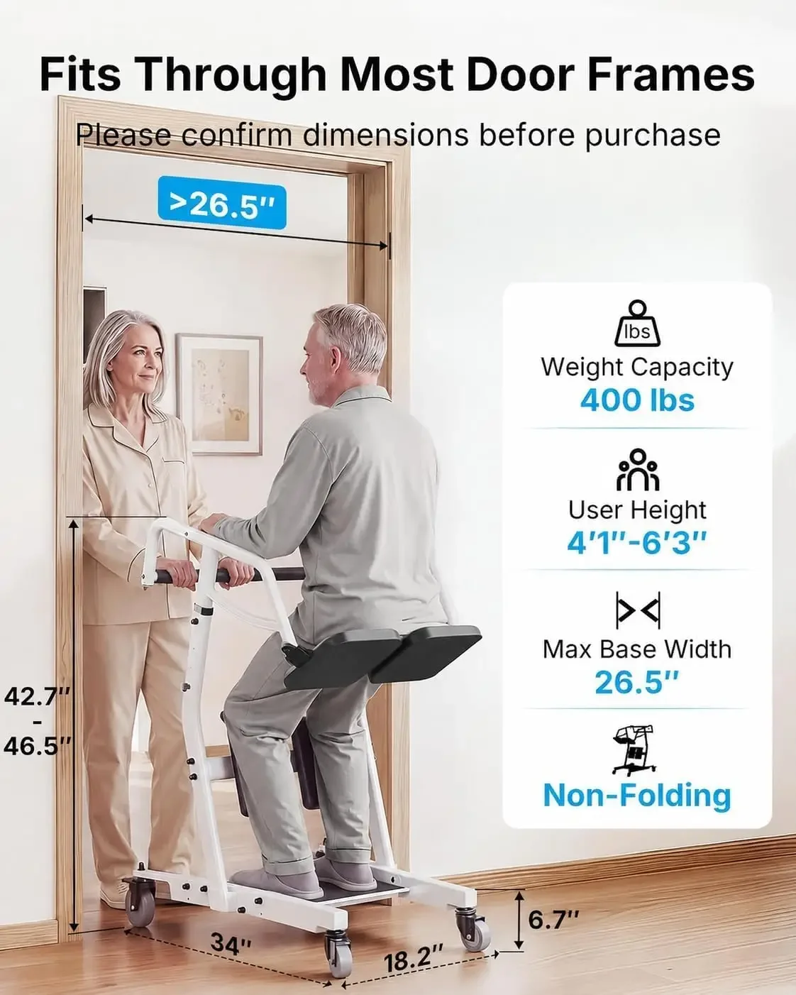 Sit to Stand Lift for Elderly with Safety Belt and Casters | Adjustable seat and knee pads, lockable wheels, 26.5 inch doorway