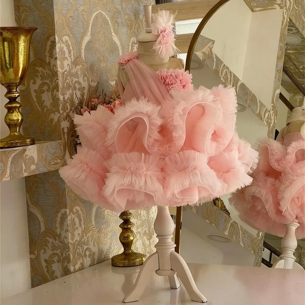 

Luxury Pink Flower Girl Wedding Dress Applique One Shoulder Sleeveless Tiered Puffy Princess Birthday Party First Communion Gown