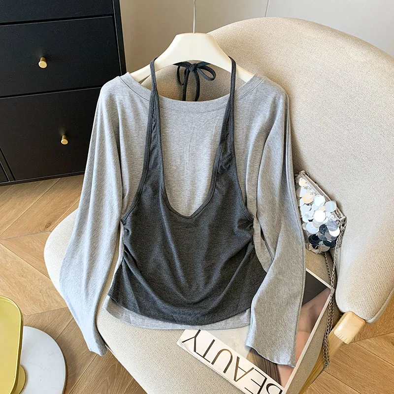 Camicie da donna coreane finte in due pezzi a maniche lunghe alla moda, tutte abbinate, girocollo autunnali, camicie pullover dal design con lacci slim fit
