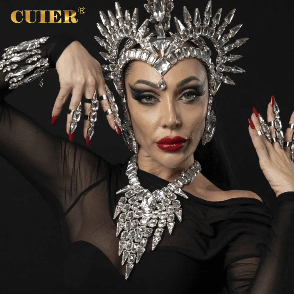 

CUIER Exaggerated Glass crystal Hair Jewelry for stage drag queen girls man’s headpiece rhinestone shiny necklace finger ring