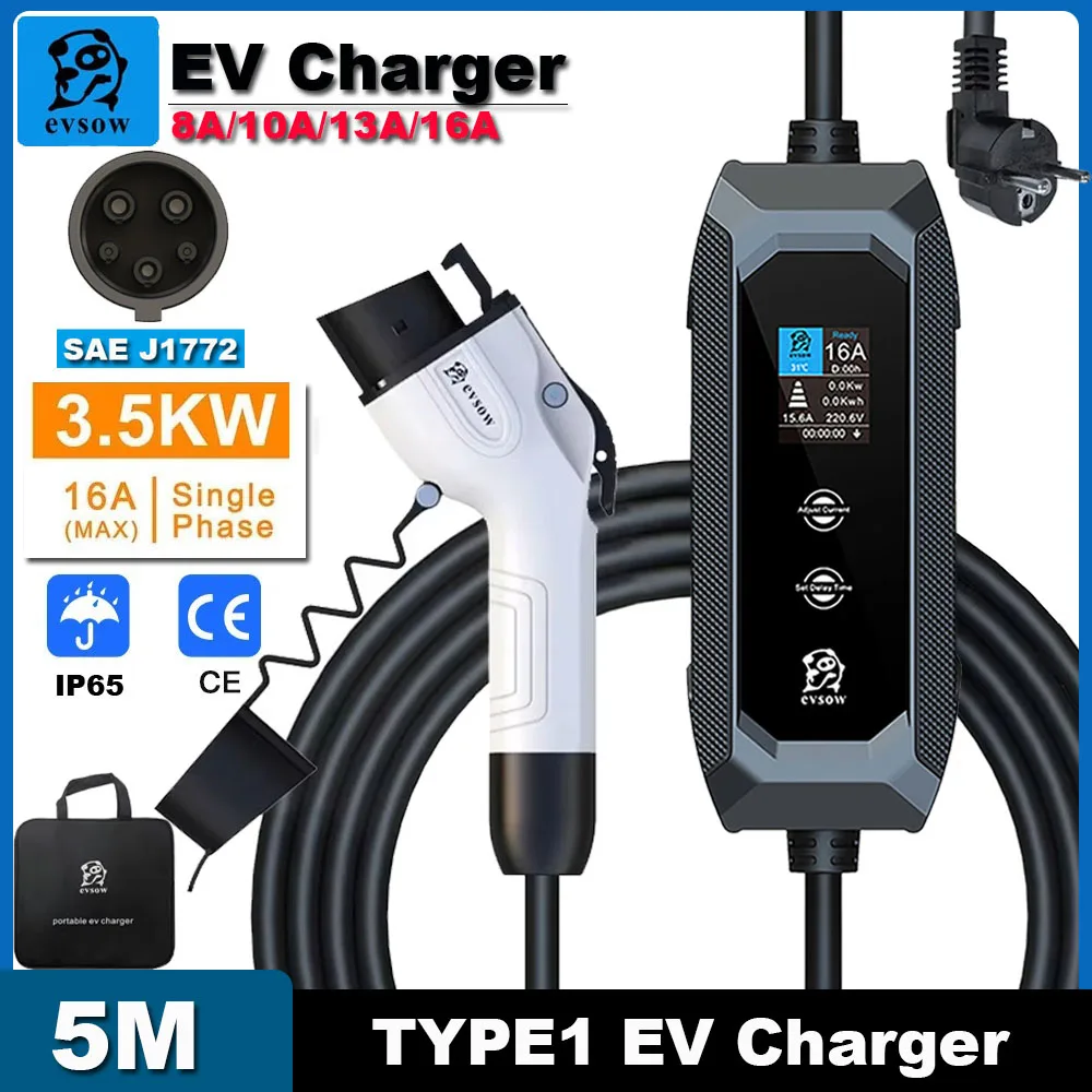 evsow Portable EV Charger Type1 16A 3.5KW Electric Car Charger J1772 5M Charging Cable 8A-10A-13A-16A adjustable Wallbox EVSE