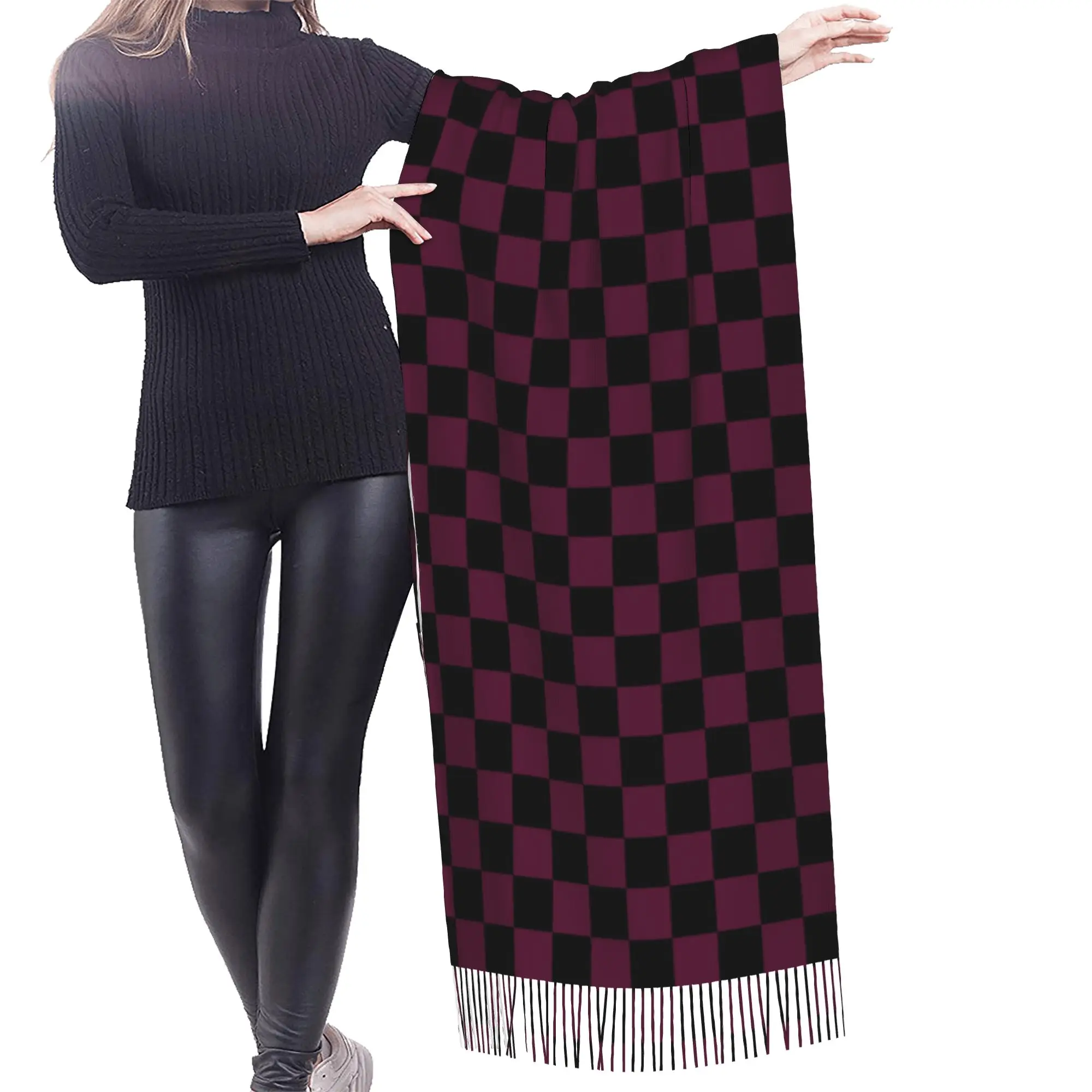 Custom Black And Burgundy Squares Checkerboard Pattern Tassel Scarf Women Soft  Shawl Wrap Ladies Winter Fall Scarves
