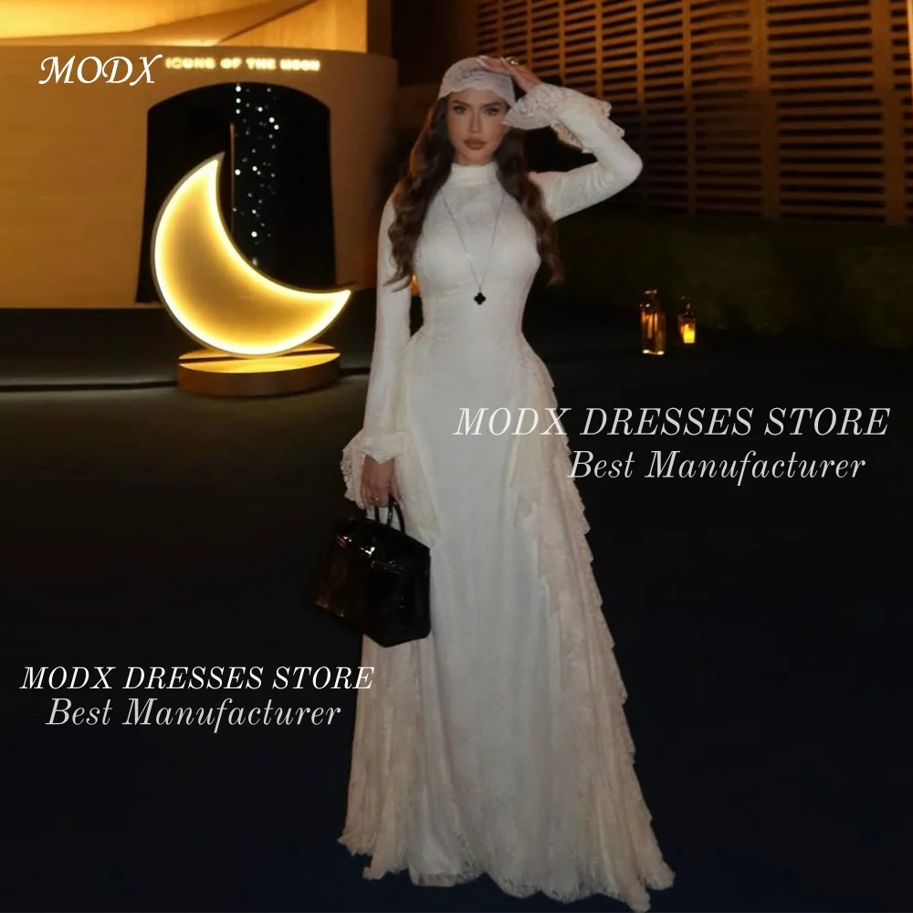 

Свадебное платье MODX Modest Ivory с высоким воротом, кружевом и оборками, А-силуэт, на заказ, Vestidos Novias Boda, длина в пол, 2026