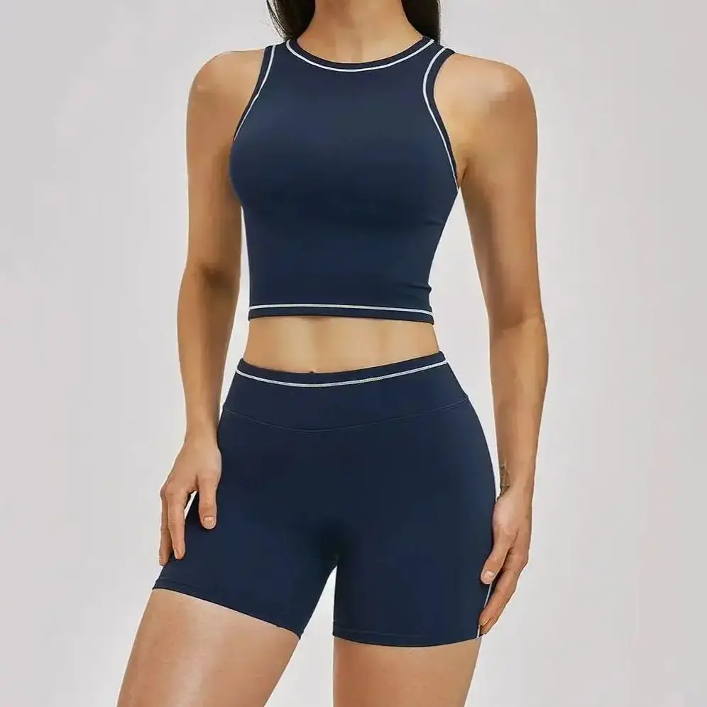 

Women Gym Sets Vest Shorts Athletic Running Workout Biker Yoga Pants Summer Training Sports Crop Tops Suits 2 Pieces
