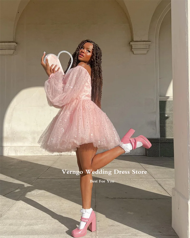 Verngo Shiny Blush Pink Short Prom Party Dress Puff Long Sleeves Sweetheart Mini Sexy Cocktail Dress Homecoming Dress Customized