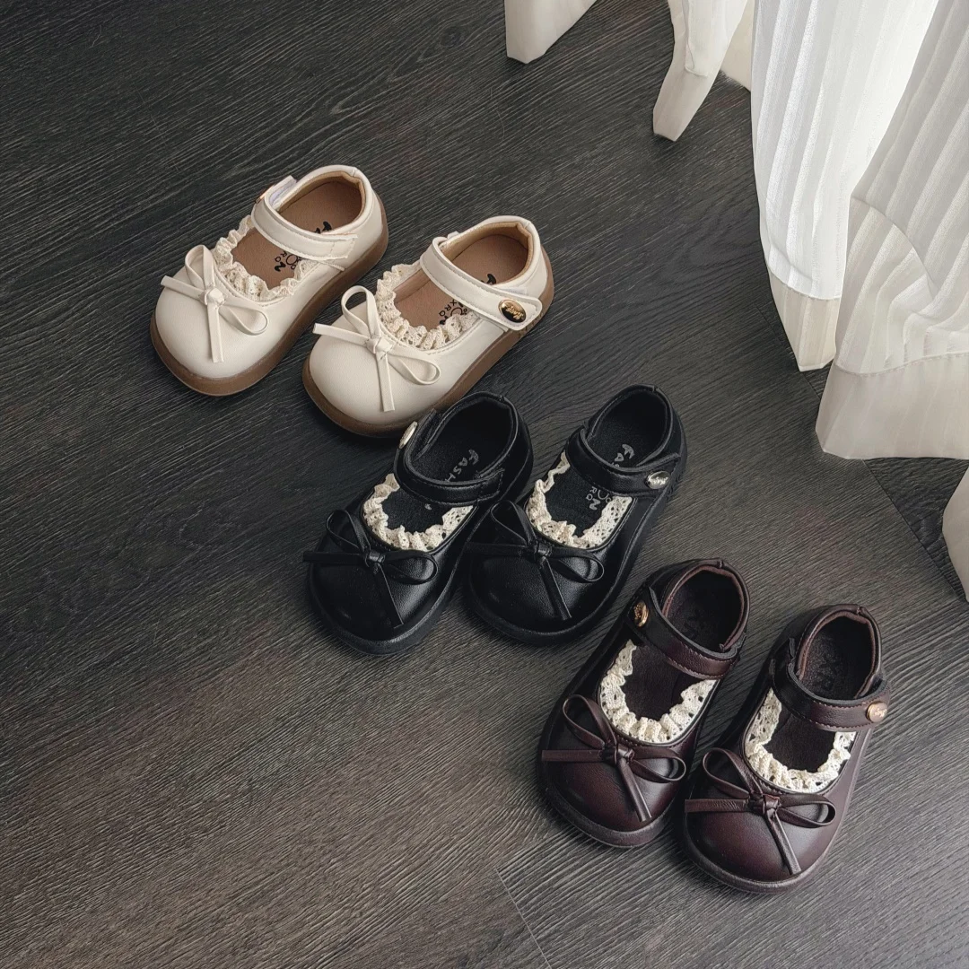 Toddler Flat Shoes Sweet Bowknots Cute Baby Walking Shoes Round Toes Versatile 2026 Brand New Kids Leather Shoes Non-slip