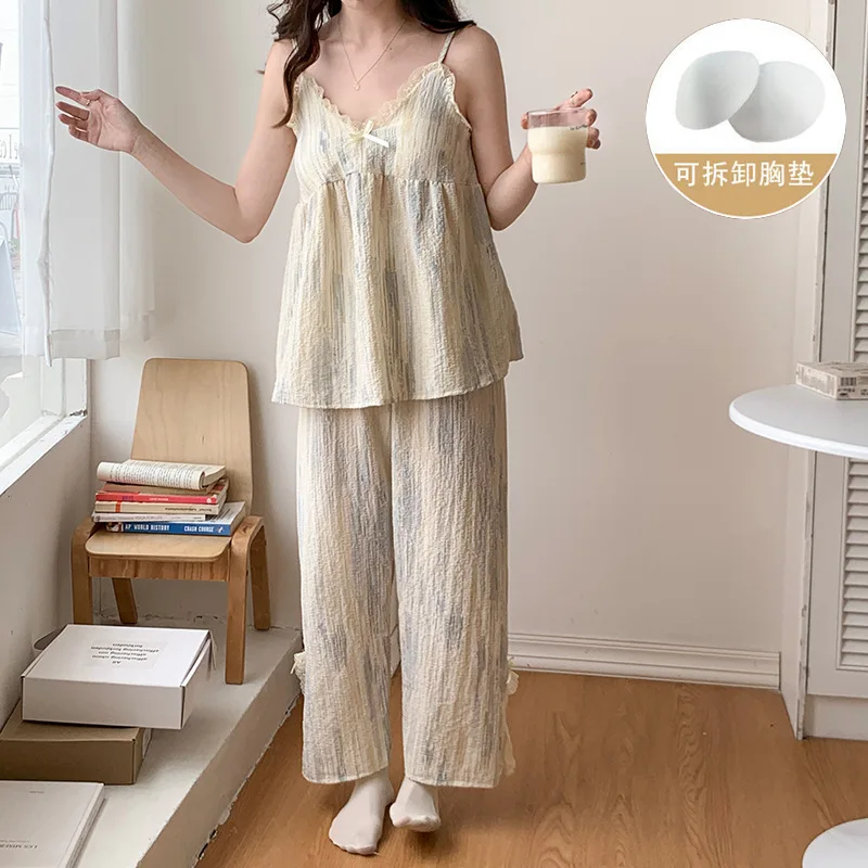 Damen Zweiteiler-Set mit Trägertop und Langer Hose, Sommer-Pyjama für Frauen, Mädchen und Studentinnen, Auch für Draußen Tragbar, Leichtes Casual-Heimoutfit