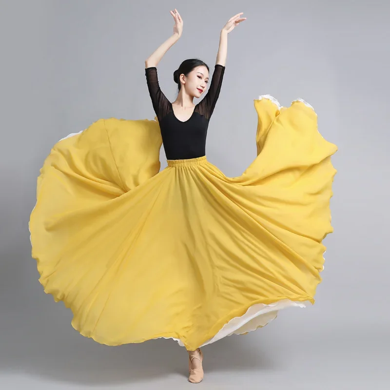 Flamenco Chiffon Dance Skirt for Women 720 Degrees Solid Color Long Skirts Dancer Practice Wear Chinese Style Skirt with Big Hem