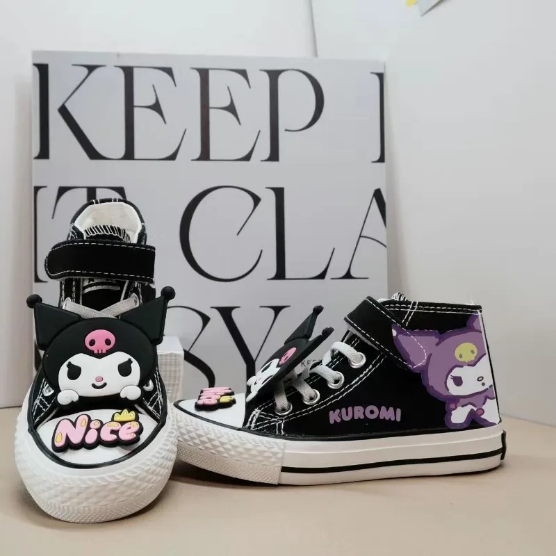 Sanrio Pupil Boys and Girls Black Kuromi Printed Canvas Shoes High Top Spring and Autumn New Kids Melody Canvas Shoes Kids Shoes