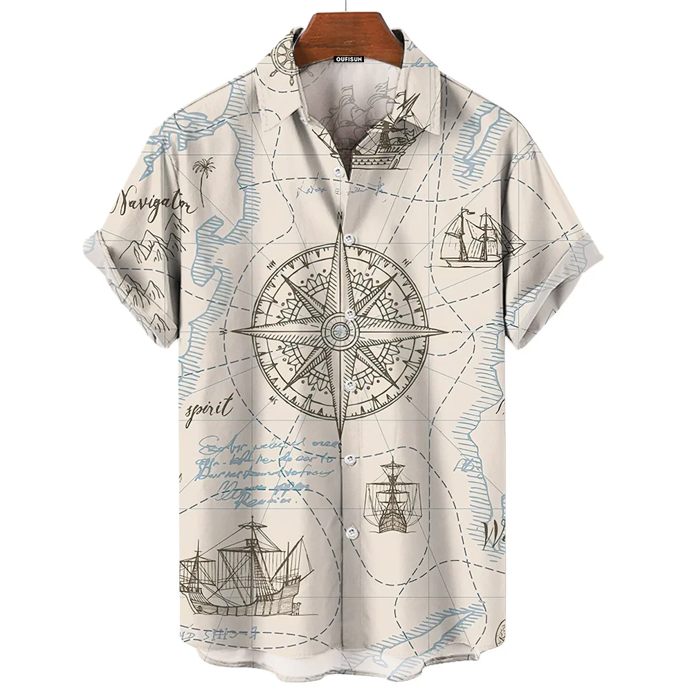 Vintage Men\'S Shirt 3d Sailing Boat Print Men Clothing Summer Casual Short Sleeve High Quality Top Tee Hawaiian Beach Sweatshirt