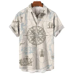 Camisa Vintage con estampado de barco de navegación 3d para hombre, ropa informal de verano de manga corta, camiseta superior de alta calidad, sudadera Hawaiana de playa