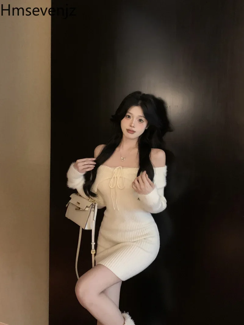 Vestidos de malha de mangas compridas para mulheres, um ombro, laço, sexy, garotas doces, camada interna, quadril wrap, vestido curto fino, primavera