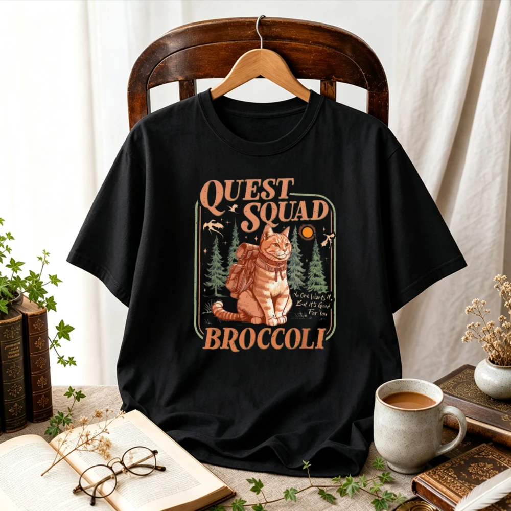 Quest Squad Broccoli Adventure Backpack Ginger Cat Forest Vintage Frame T-Shirt Hiking Kitten Fantasy Book Fandom Nature Cat Top