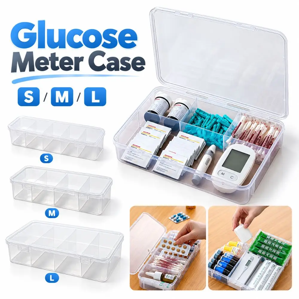 S/M/L Glucose Meter Case Clear Plastic Compartment Pill Organizer Case Large Capacity Test Strip Storage Box for Home Use
