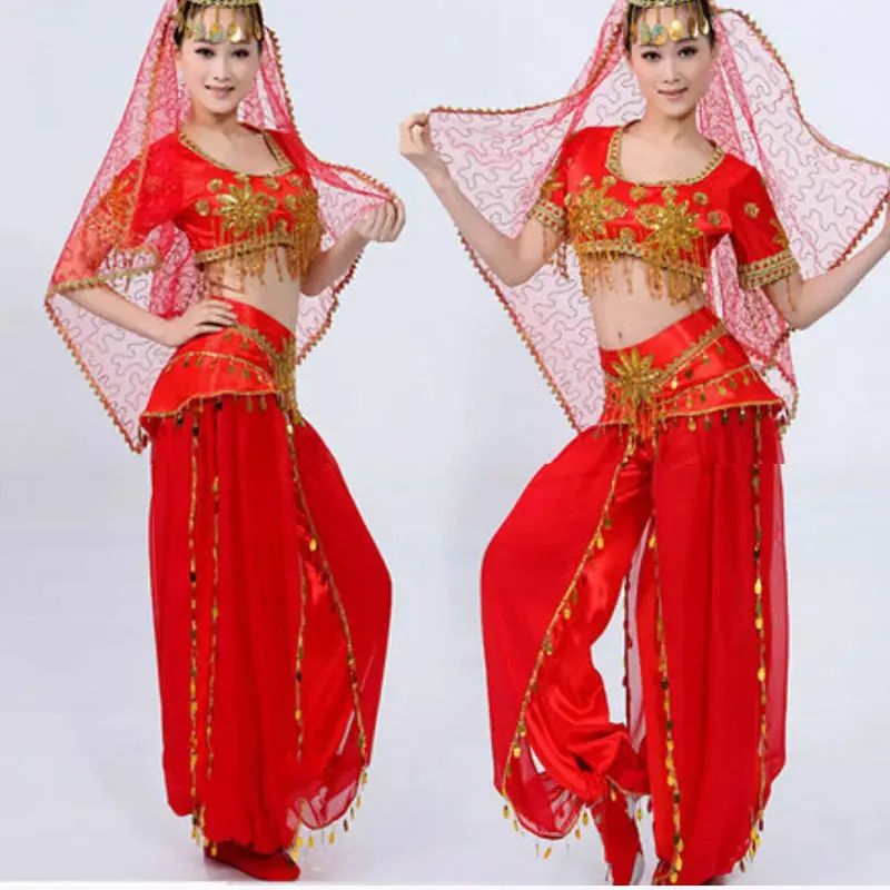 Women Shiny Belly Dance Beaded Tops Harem Pants Set Adult Oriental Indian Sparkly Dancewear Halloween Costume Cosplay Rave Suit