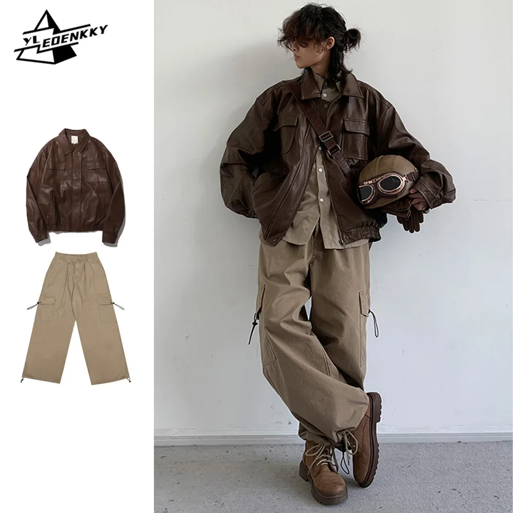 Retro Cargo Set Men Women Harajuku Loose Motorcycle Pu Leather Jacket+wide Leg Straight Casual Pant Autumn Unisex Two-piece Suit