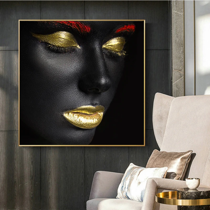 African Art Black and Gold Woman with Necklace on Canvas Painting and Posters Scandinavian Wall Picture Living Room Unstretched