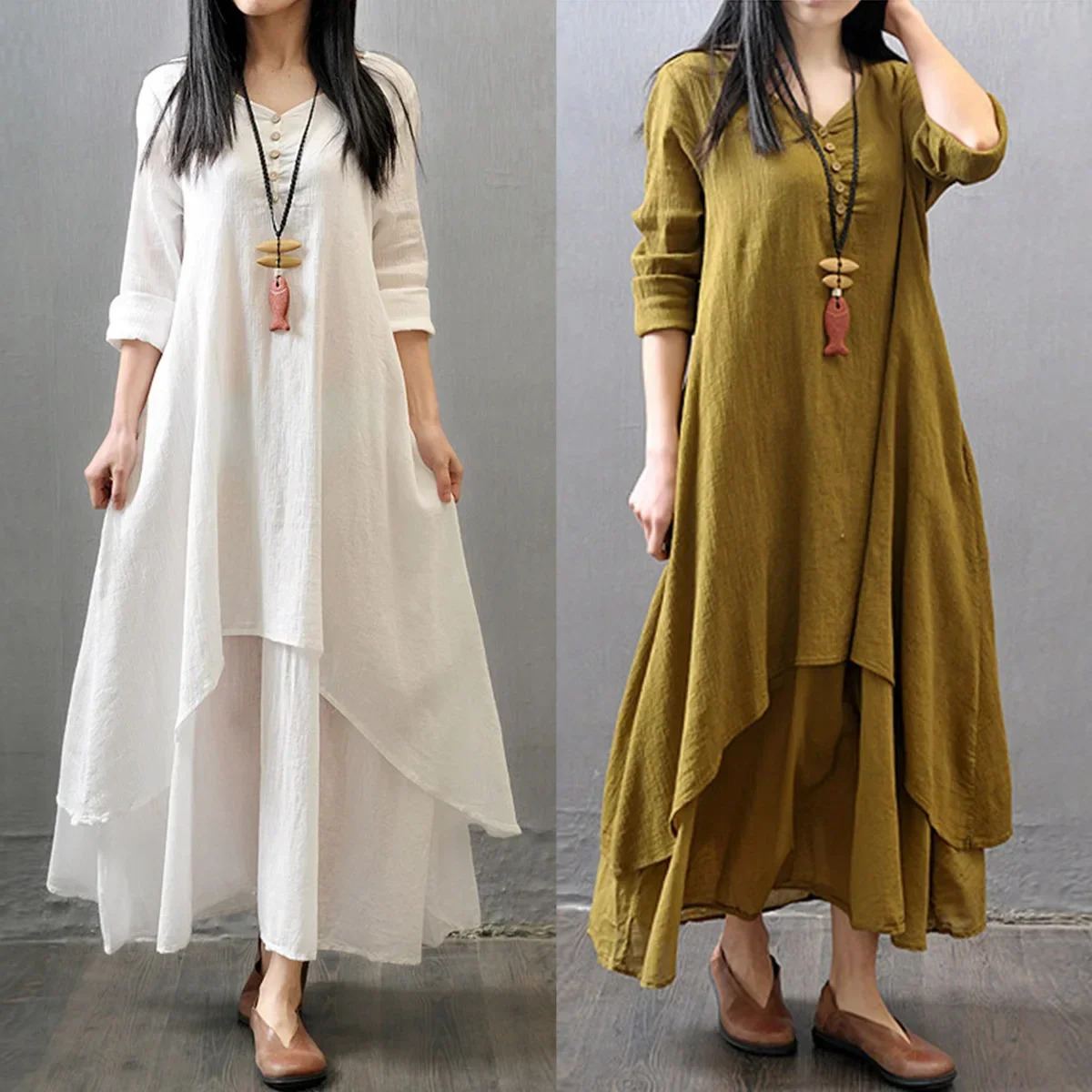 

Oversize Long Sleeve Loose Dress Elegant Chic Cotton Linen Dresses for Women Bohemia Layered Vintage Robe Female Autumn Vestidos