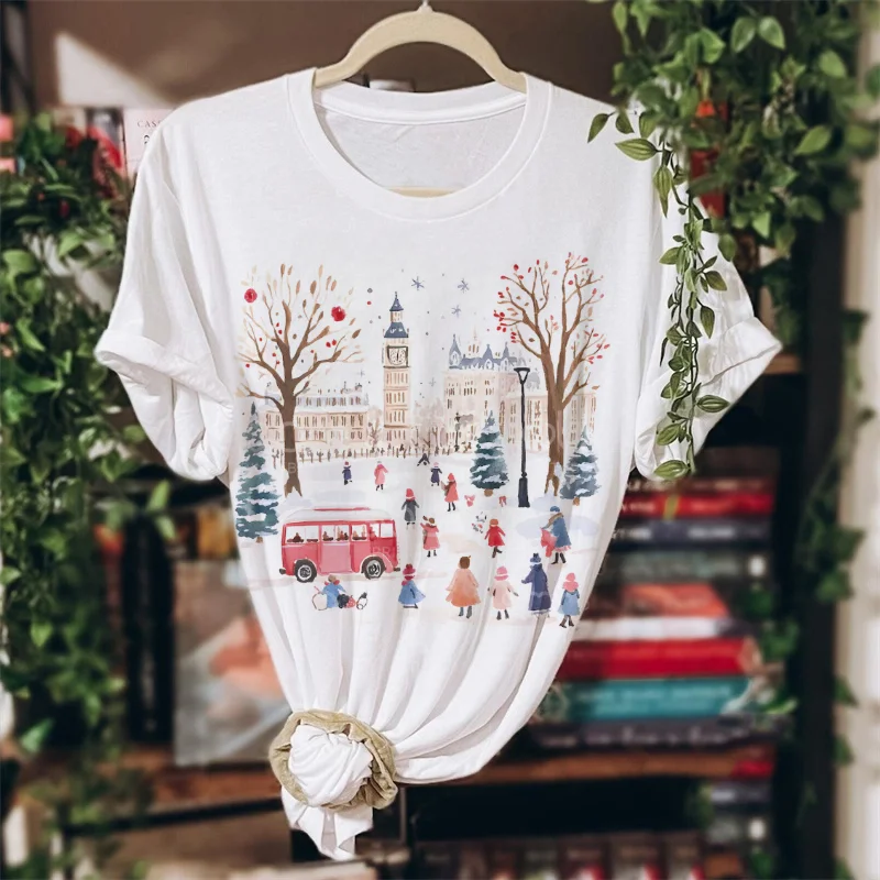 Short Sleeved Cute Printed Christmas T-Shirt Style Snow Landscape Pattern Women's Round Neck New Year's Street Casual T-Shirt