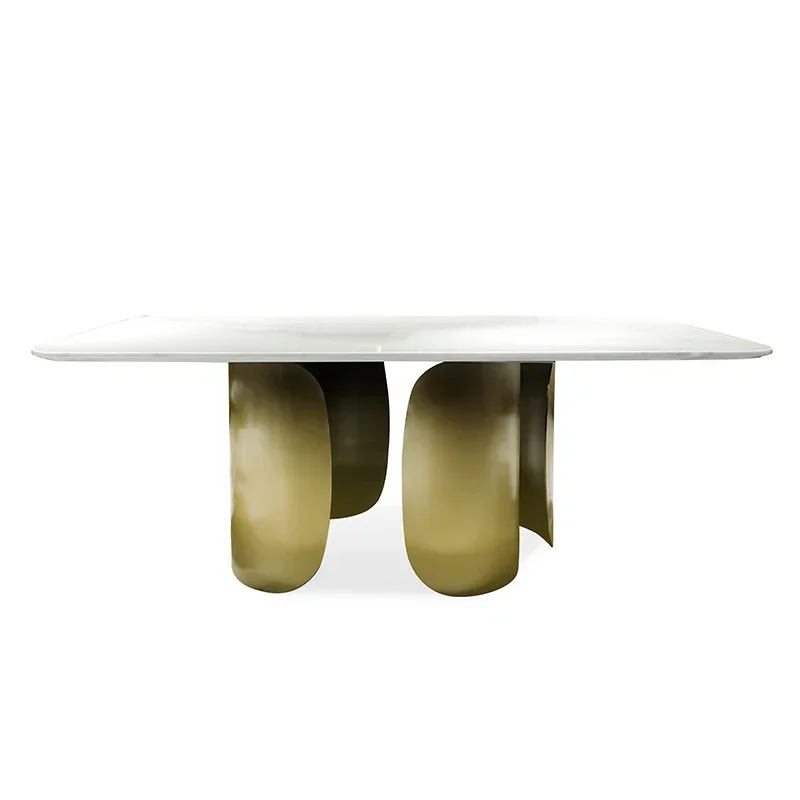 

Customized Italian luxury marble dining table Post-modern simple stainless steel dining table with rectangular shape