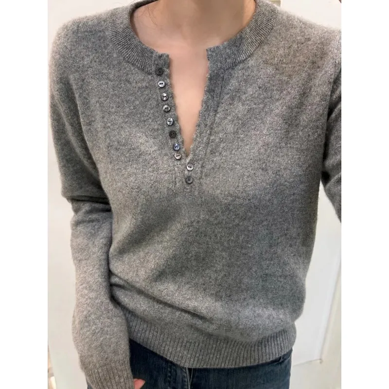 

Элегантный полуоткрытый вязаный свитер из чистого кашемира с v-образным вырезом, женский осенне-зимний пуловер, кашемировый свитер с длинными рукавами