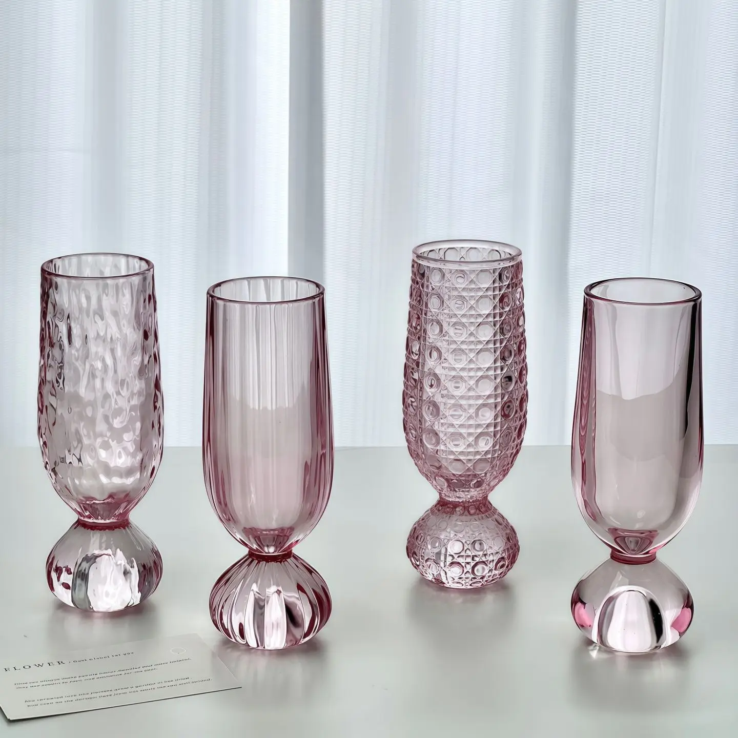 Pink Embossed Textured Stemless Goblet Glass Cup, Vintage Wave Diamond Pattern Beverage Tumbler for Juice Cocktail Bar AbleDecor