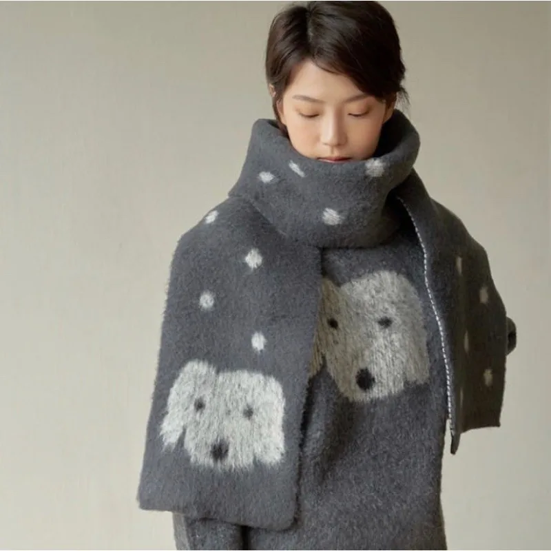 Cute Autumn Winter Warm Scarf Japanese Grey Y2k Sweet Korean Dot Print Long Scarves Women 2024 Kawaii Knitted Long Scarf