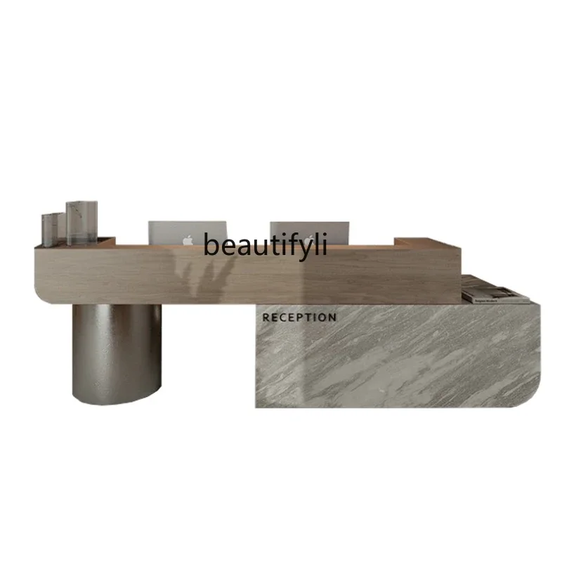 Light Luxury Lady Beauty Salon Front Desk Stainless Steel Reception Desk Cashier Clothing Store Counter Solid Wood