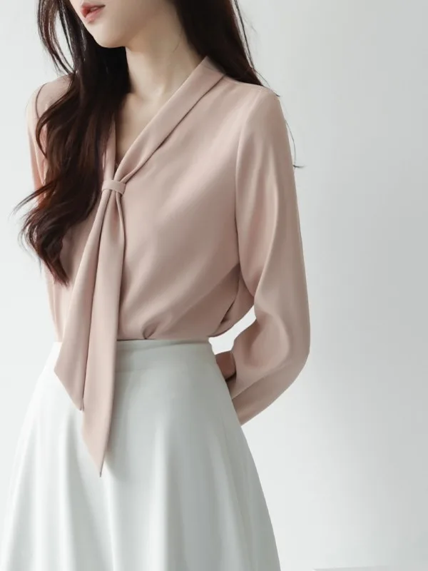

Elegant Pink Sash Shirt for Women Professional Commute Style Long Sleeve V-Neck Casual Business Ladylike High Quality Top