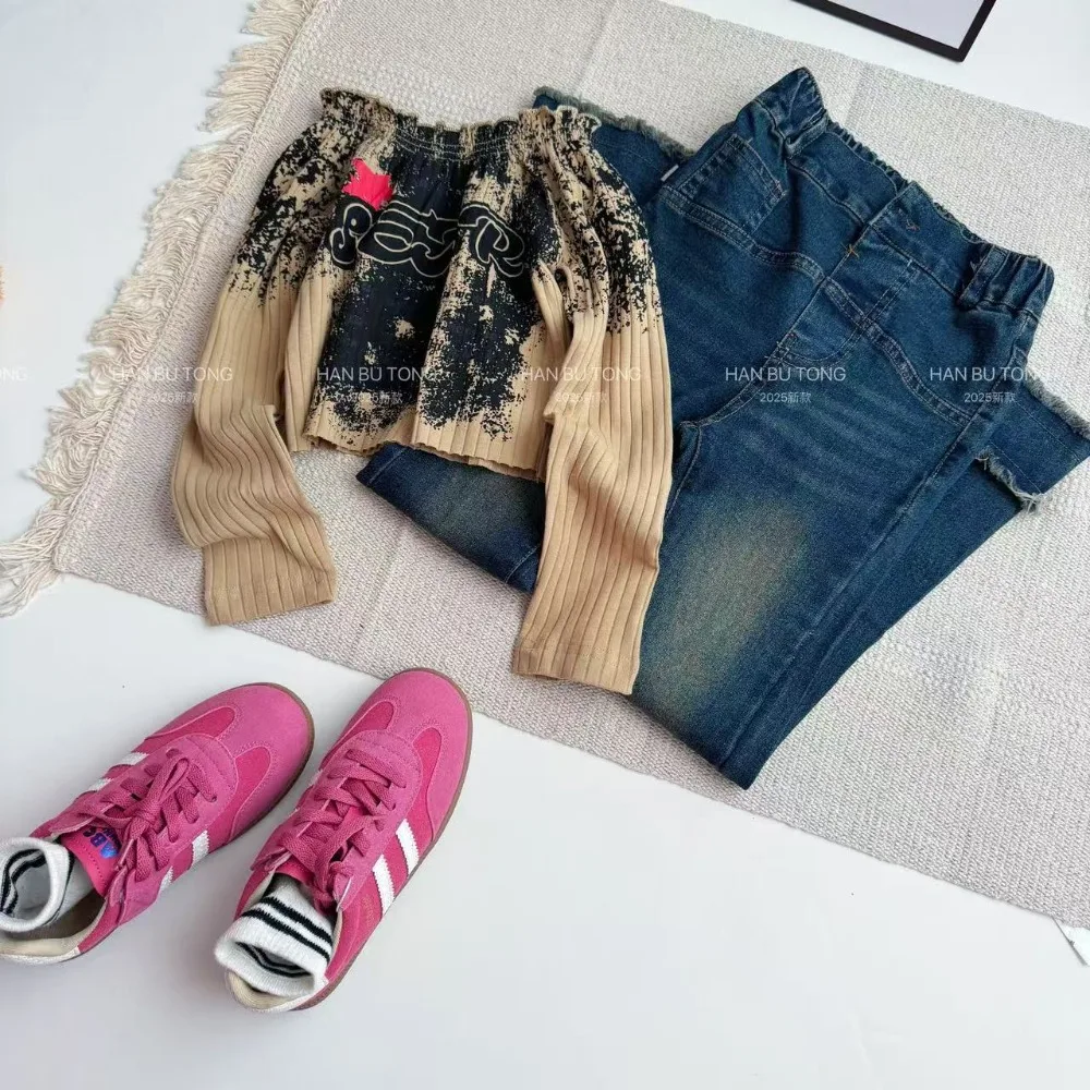Arrival Girls American Retro Stylish Flared Jeans 2 Piece Set Fall Spring Distressed Raw Hem Floor-Length Horseshoe Pants Outfit